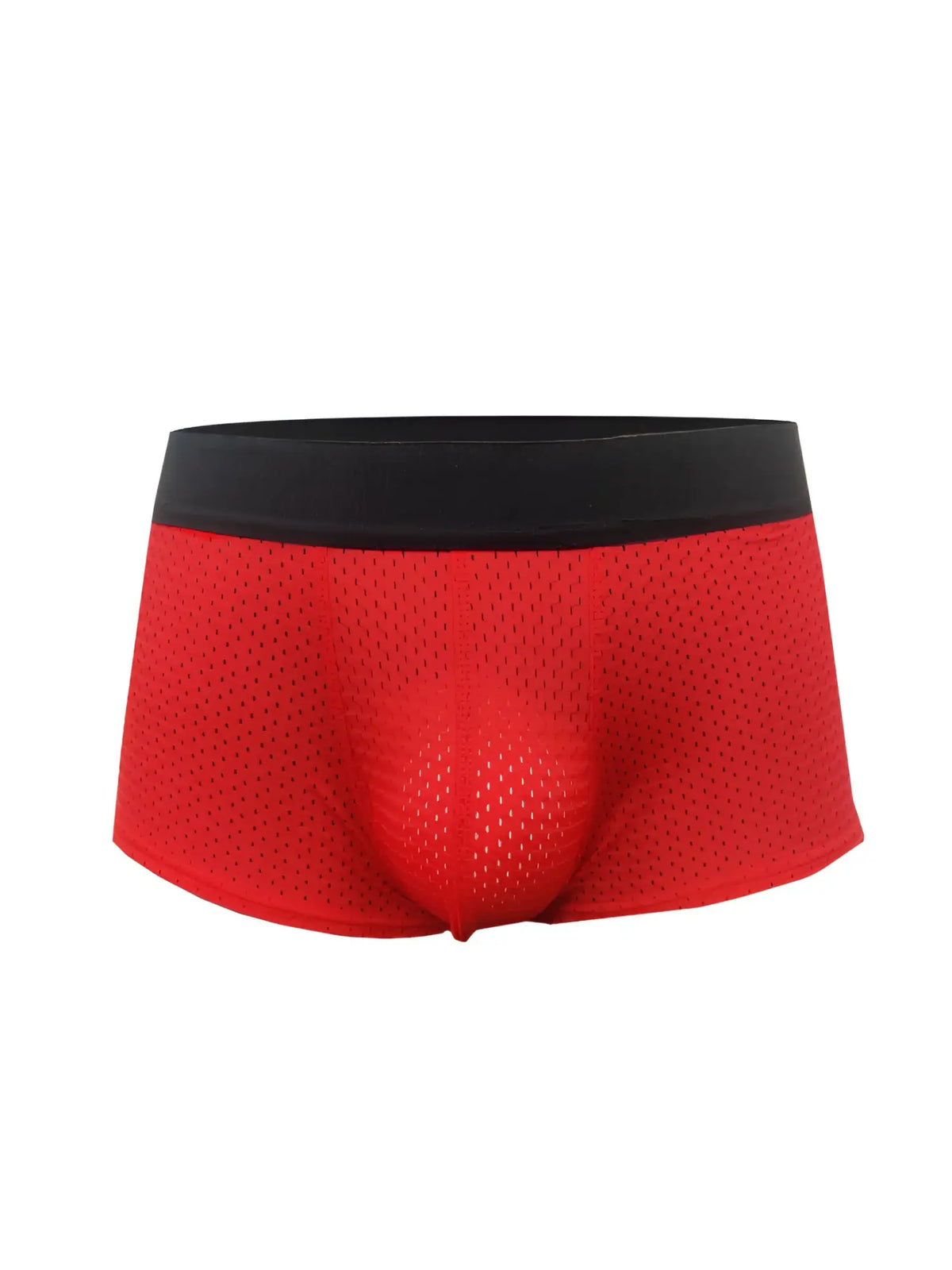 Red pride mesh trunk briefs featuring red mesh fabric with a black elastic waistband for comfortable wear