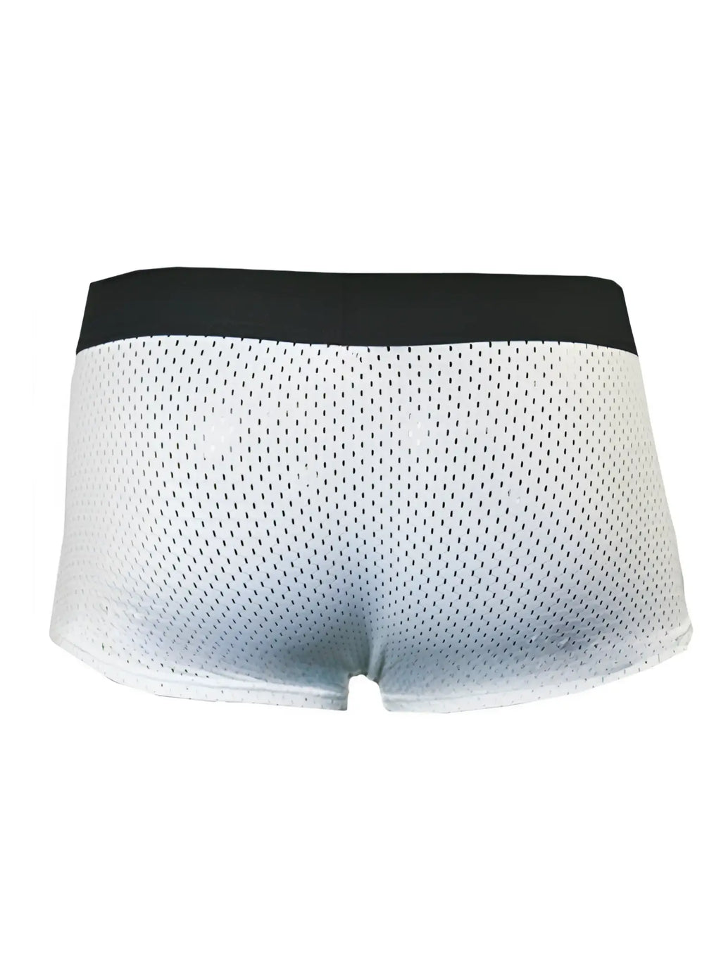 White pride mesh trunk briefs featuring black waistband and breathable mesh material for comfort and support