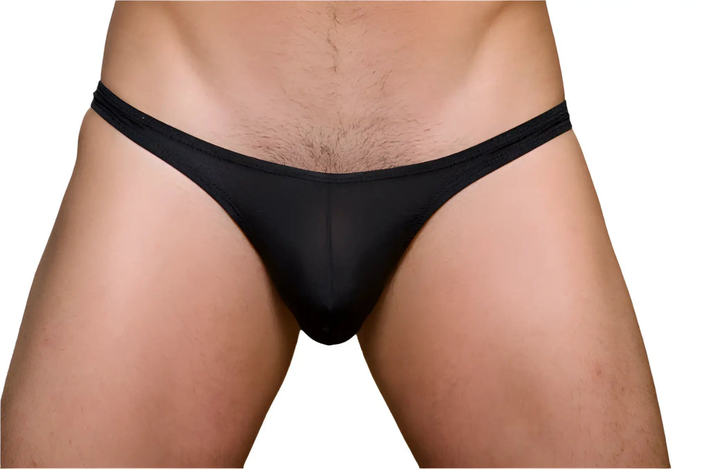 Black sheer mesh pride metro thong with plus pouch featuring a solid black waistband and back side view