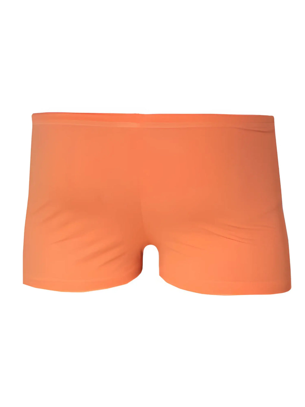 A pair of solid orange pride square trunk briefs with smooth stretchy fabric and a minimalist design