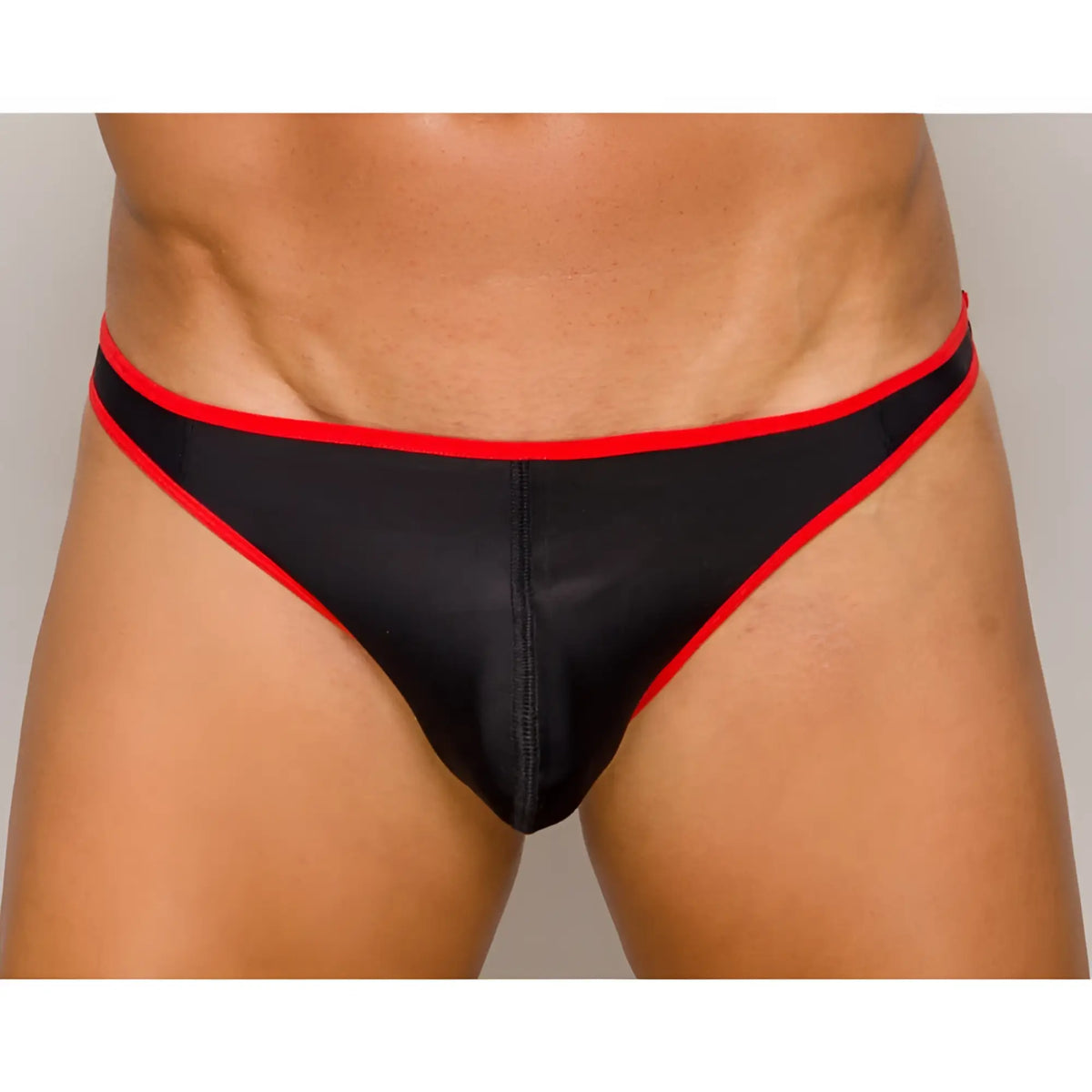 Black and red pride ultra stretch amplify thong with sleek shiny fabric finish shown from the back side
