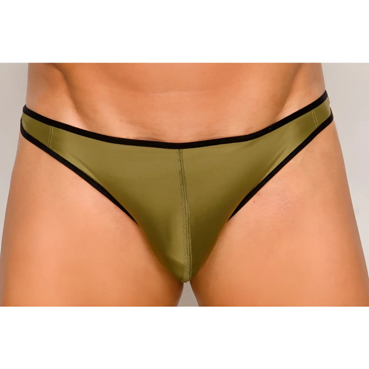 Olive green satin briefs with black trim pride ultra stretch amplify thong front view