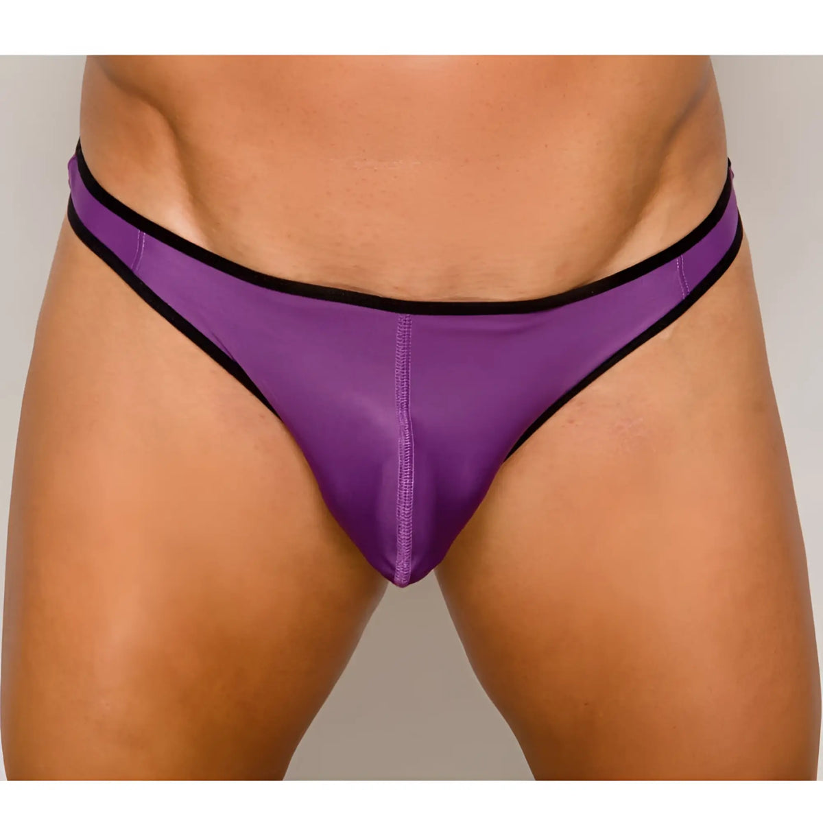 Purple pride ultra stretch amplify thong with black trim showing the back side of the underwear