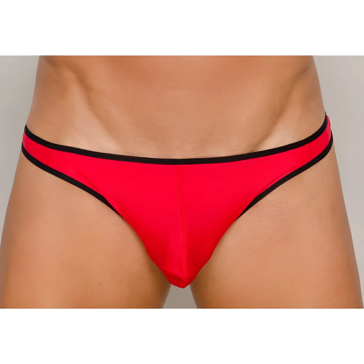 Red thong with black trim in pride ultra stretch amplify thong style featuring stretchy comfortable fabric and vibrant colors