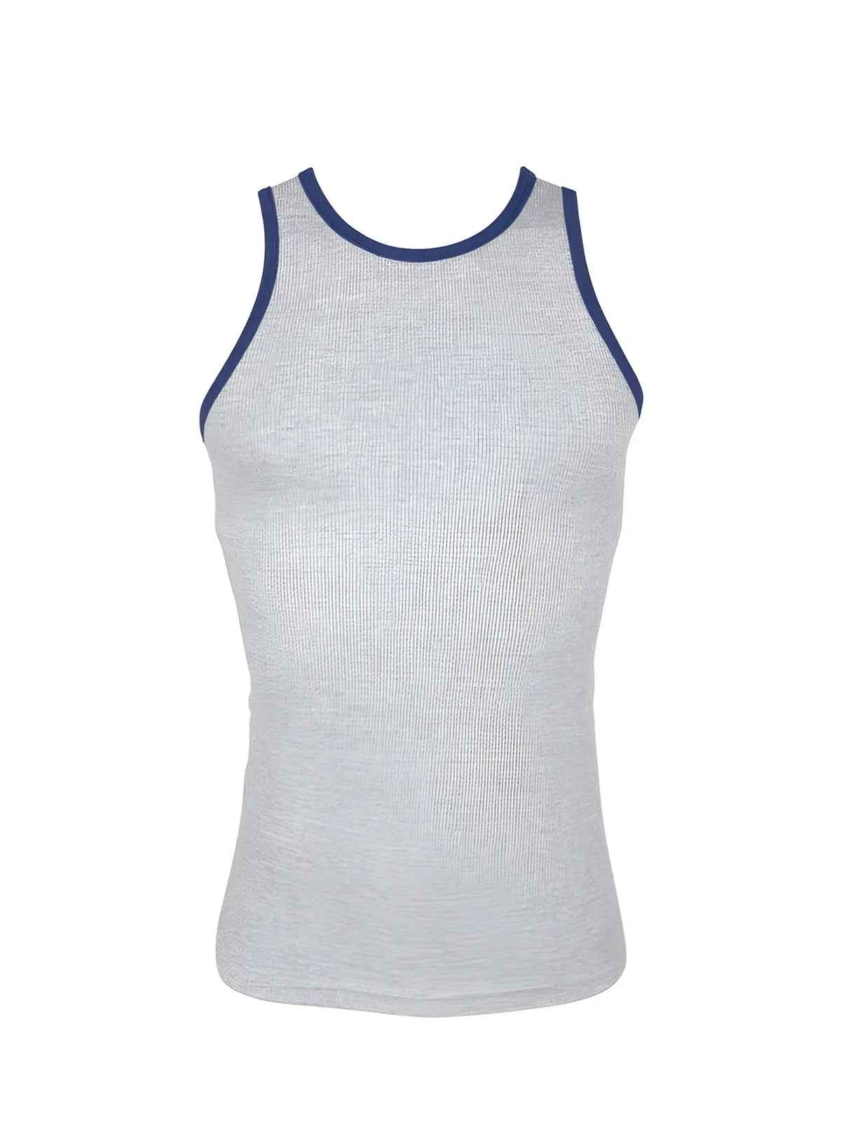 Gray ribbed cotton tank top with navy blue trim around neckline and armholes pride usa style