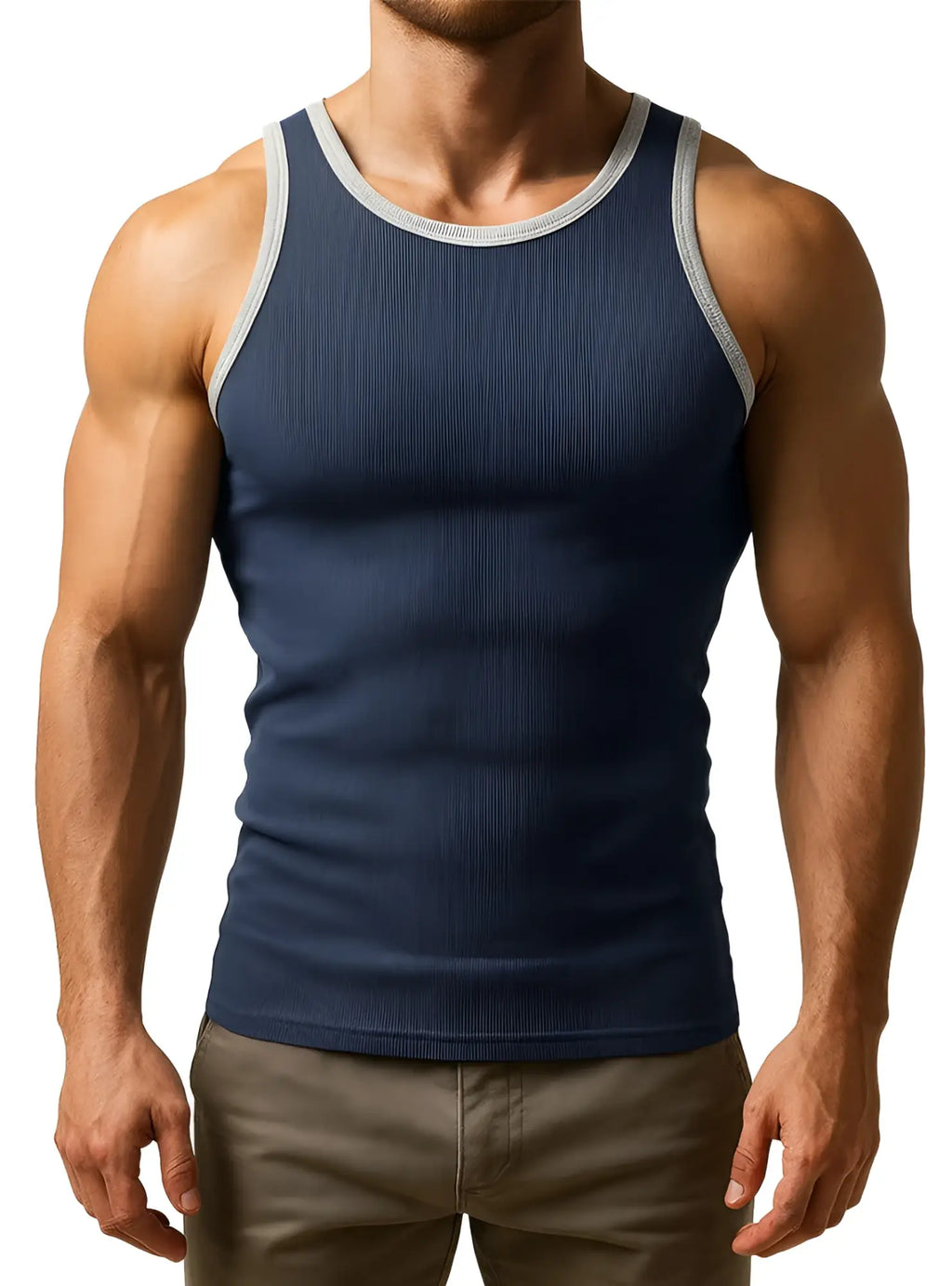 Navy blue pride usa ribbed cotton tank top with gray trim featuring a comfortable sleeveless design