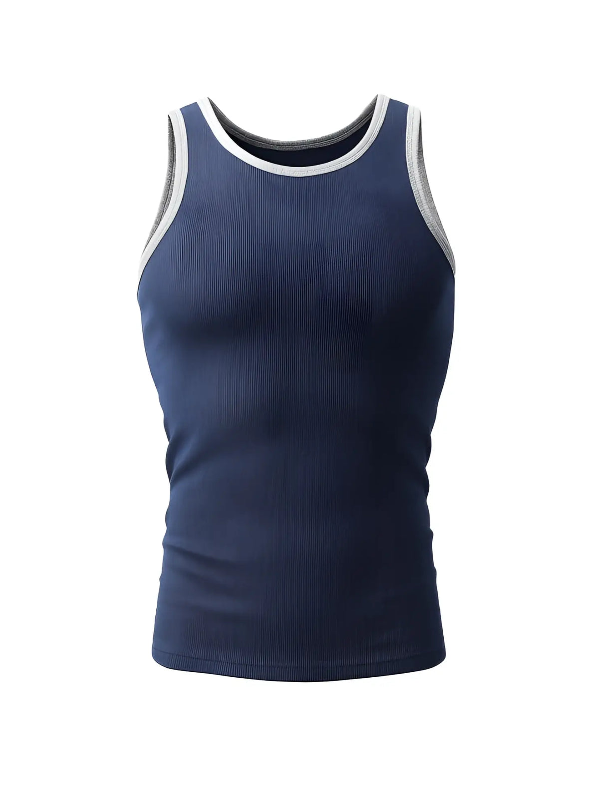 Navy blue ribbed cotton tank top with white and gray trim from pride USA for casual summer wear
