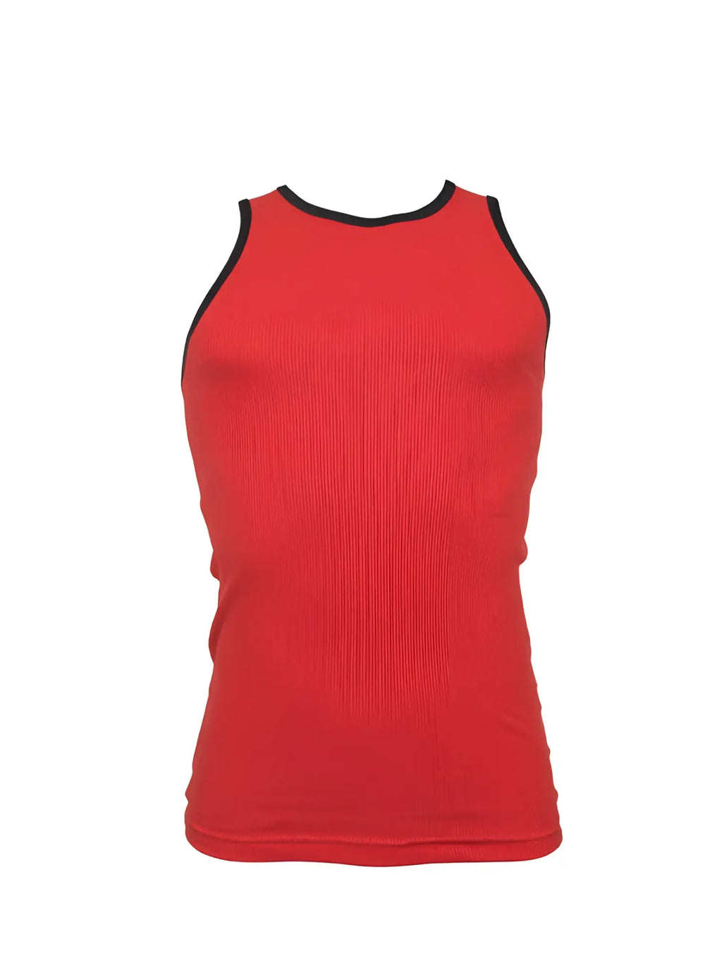 Red ribbed cotton tank top with black trim around neckline and armholes from Pride USA collection
