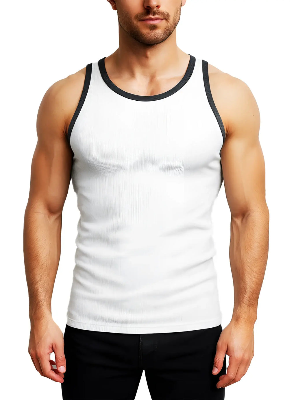 White ribbed cotton tank top with black trim around neckline and armholes pride usa collection