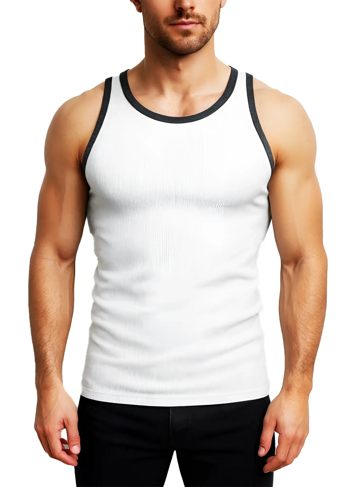 White ribbed cotton tank top with black trim around neckline and armholes pride usa collection