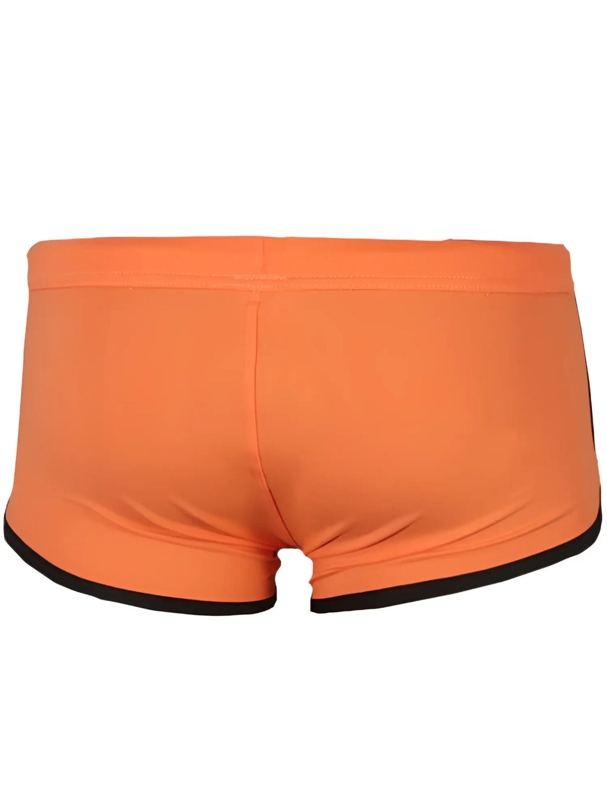 Bright orange pride vince trunk swim trunks with black trim along waistband and leg openings
