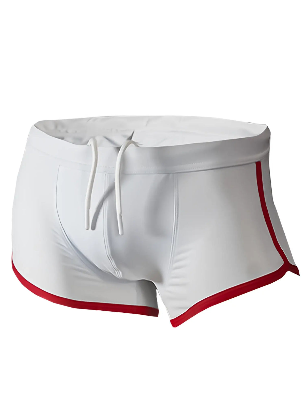 White pride vince trunk swim trunks with red trim and drawstring waistband for beach and pool use