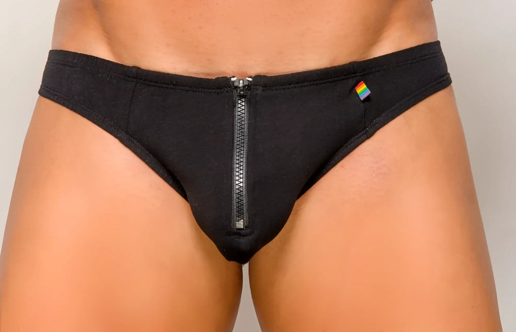 Black menâ€™s briefs with a central zipper and rainbow flag patch designed for pride and comfort