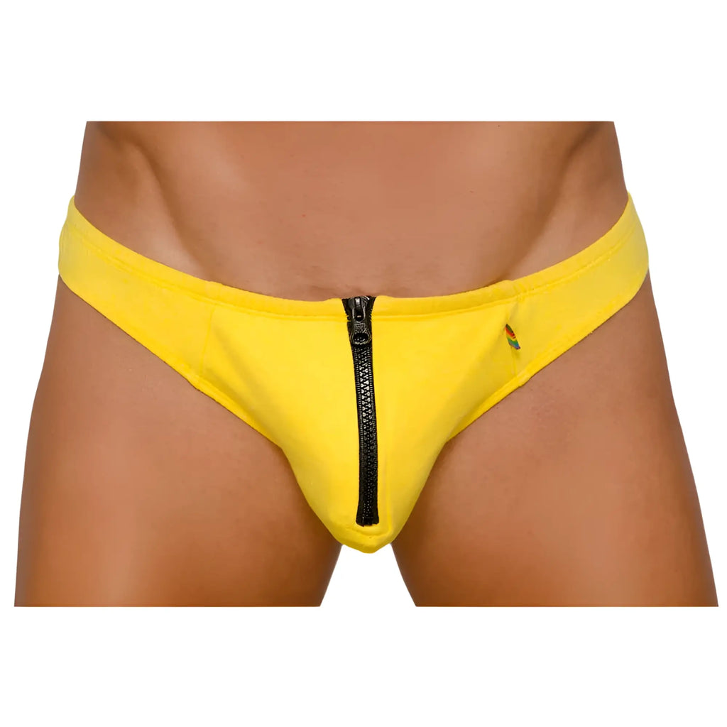 Bright yellow pride zip it thong menâ€™s swim trunks with black center zipper designed for comfortable beachwear