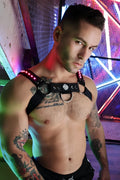 Black leather Prismaglow Bulldog harness with red led lights and silver metal hardware for dogs