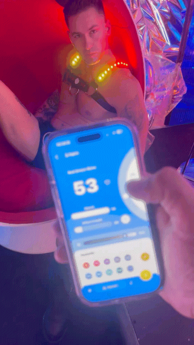 A sleek transparent phone case showing a blue screen with number 53 in the prismaglow bulldog harness product image