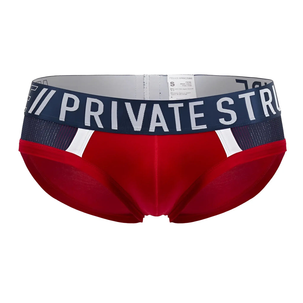 Red private structure baut4388 athlete mini briefs with navy waistband white lettering and mesh detailing