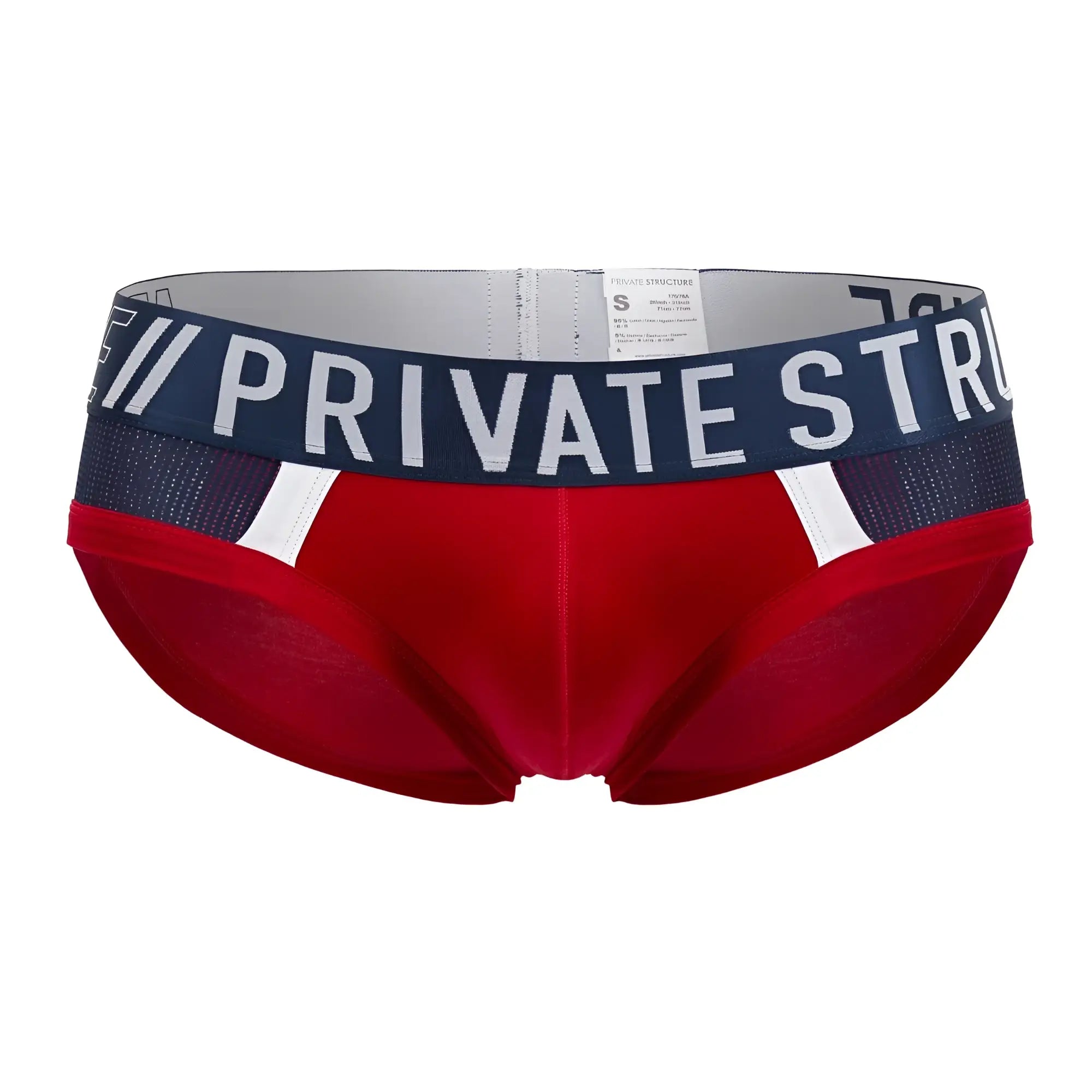 Red private structure baut4388 athlete mini briefs with navy waistband white lettering and mesh detailing