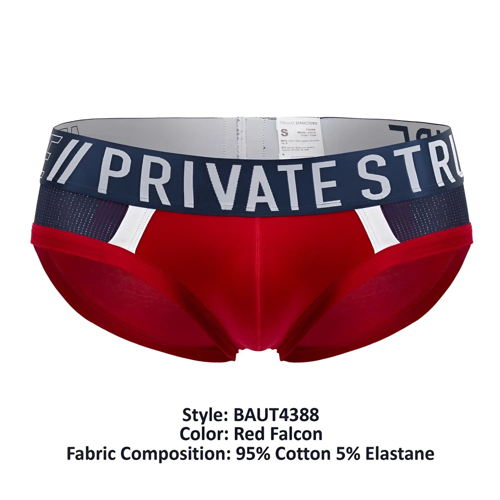 Red men’s briefs with navy blue waistband featuring white private str lettering and mesh panels from private structure
