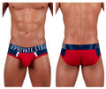 Red falcon and navy blue Private Structure athlete mini briefs with white trim and branded waistband for active wear
