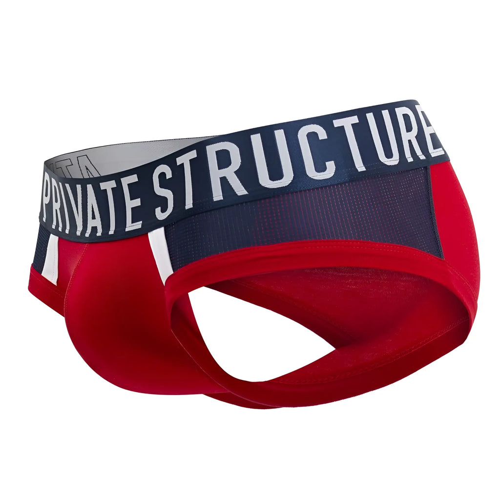 Red and navy blue men’s briefs with a white private structure logo on the waistband in athlete mini style