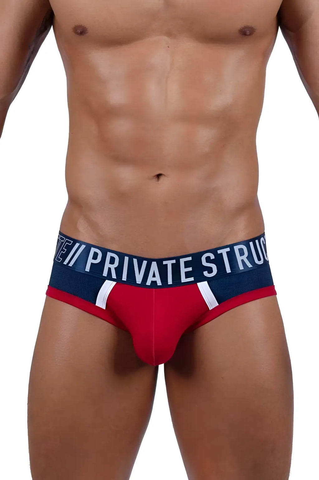 Red and navy blue private structure baut4388 athlete mini briefs with white stripes and branded waistband
