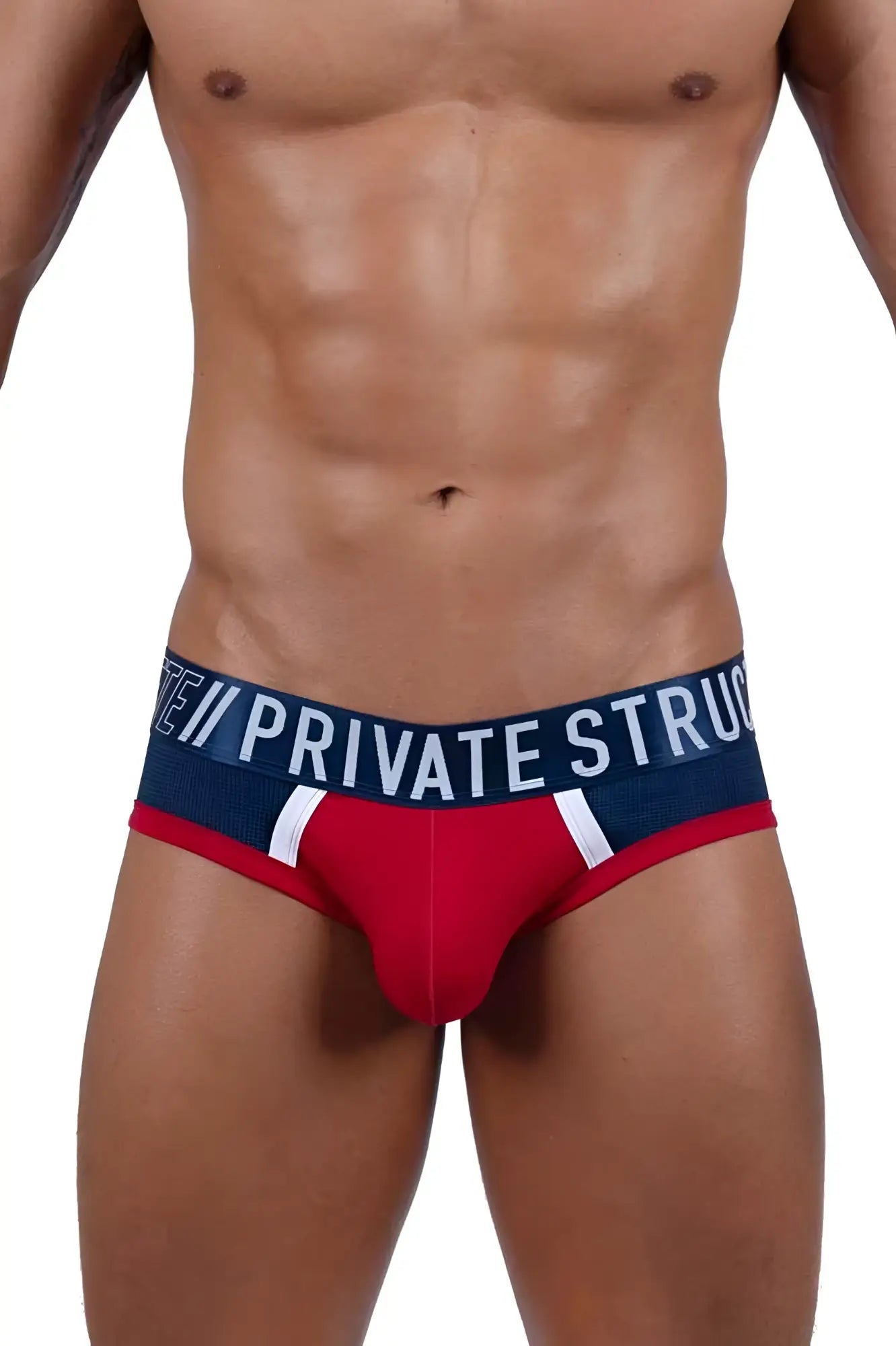 Red and navy blue private structure baut4388 athlete mini briefs with white stripes and branded waistband