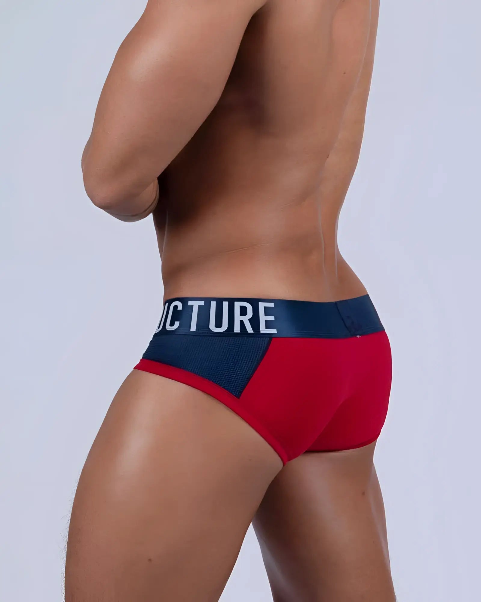 Private Structure baut4388 athlete mini briefs in red falcon with navy blue and bold structure logo waistband