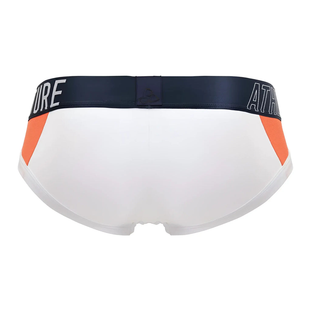 White private structure baut4388 athlete mini briefs with orange side panels and navy blue waistband with white lettering