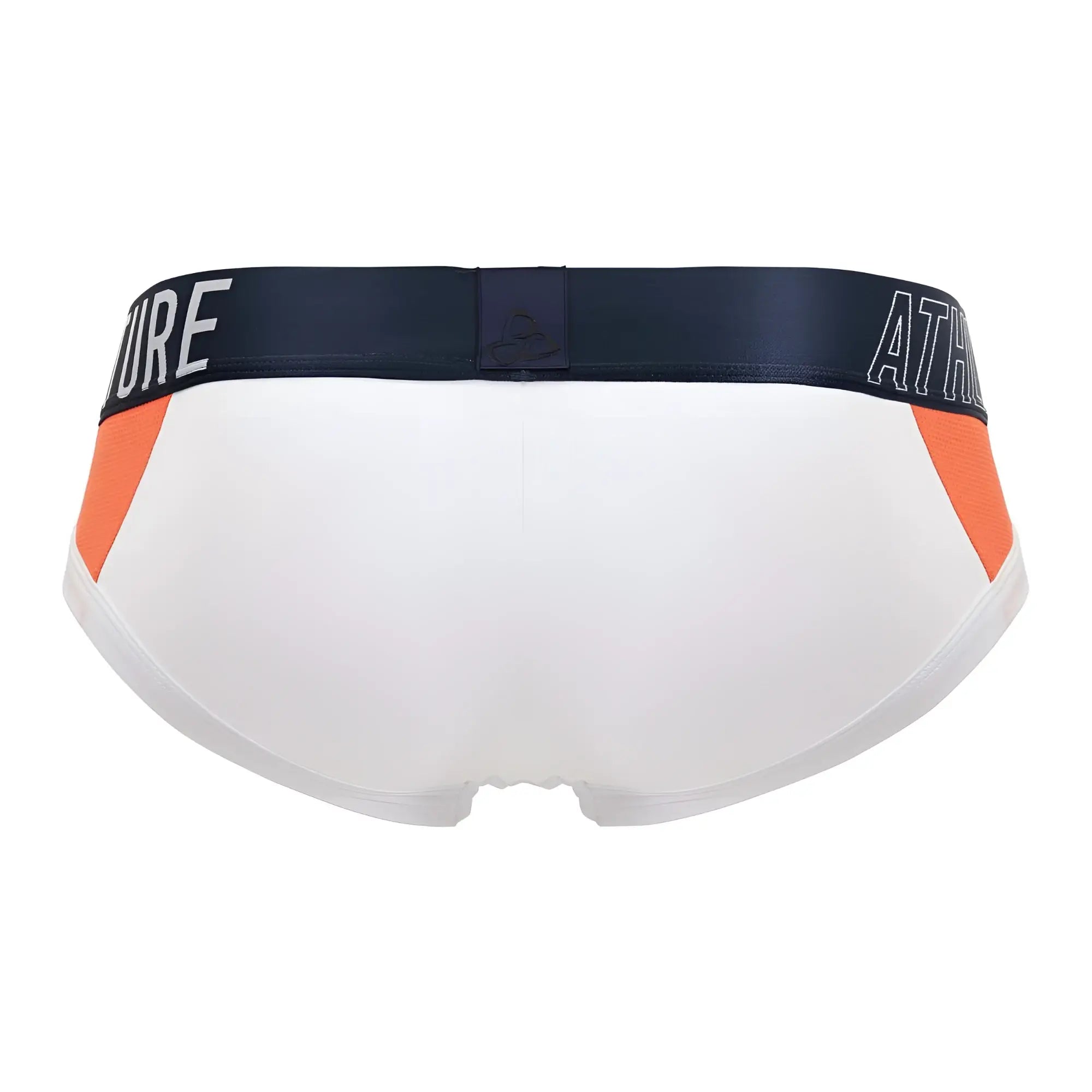 White private structure baut4388 athlete mini briefs with orange side panels and navy blue waistband with white lettering