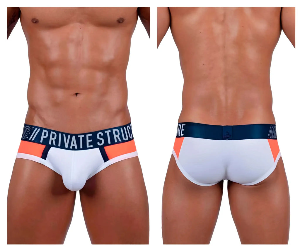 White men’s briefs with navy blue waistband and private structure logo accented by orange and black trim in white color