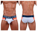 White men’s briefs with navy blue waistband and private structure logo accented by orange and black trim in white color
