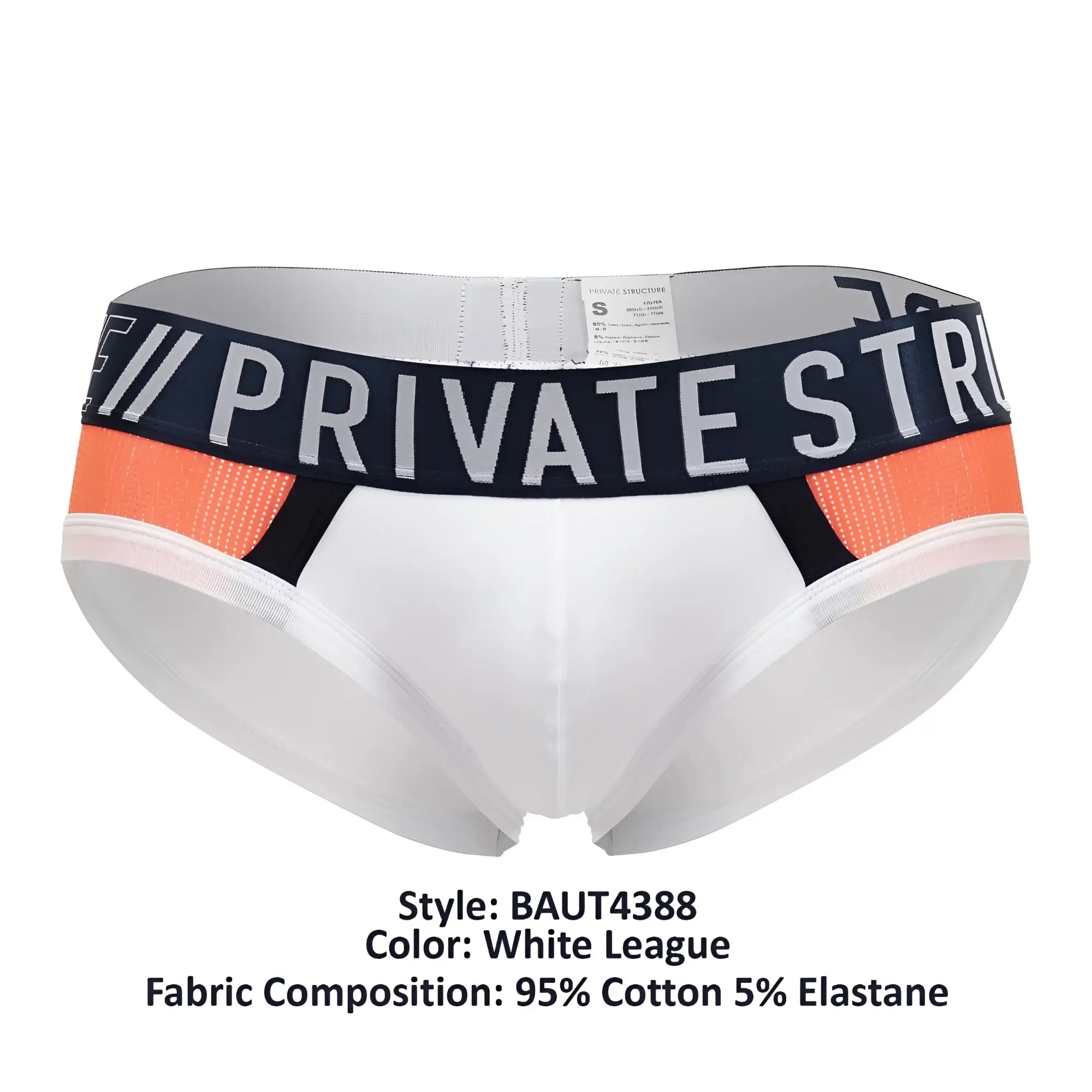 White league private structure baut4388 athlete mini briefs with navy waistband and orange mesh accents