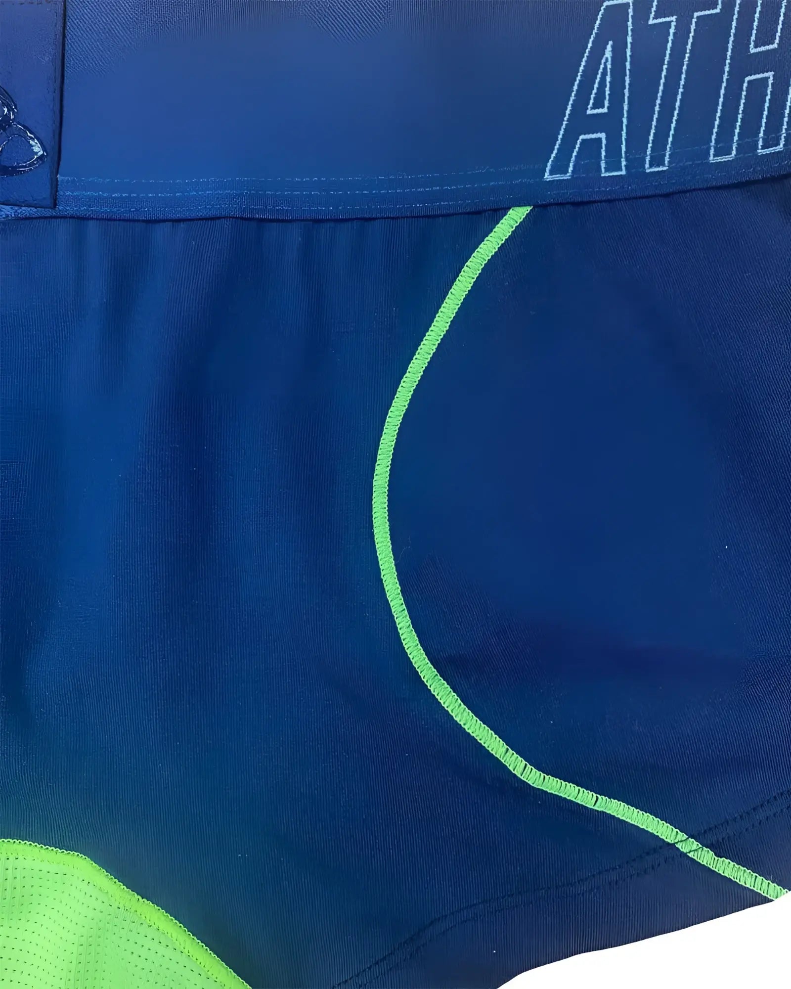 Navy ranger blue private structure athlete trunks with neon green stitching and mesh paneling for athletic use