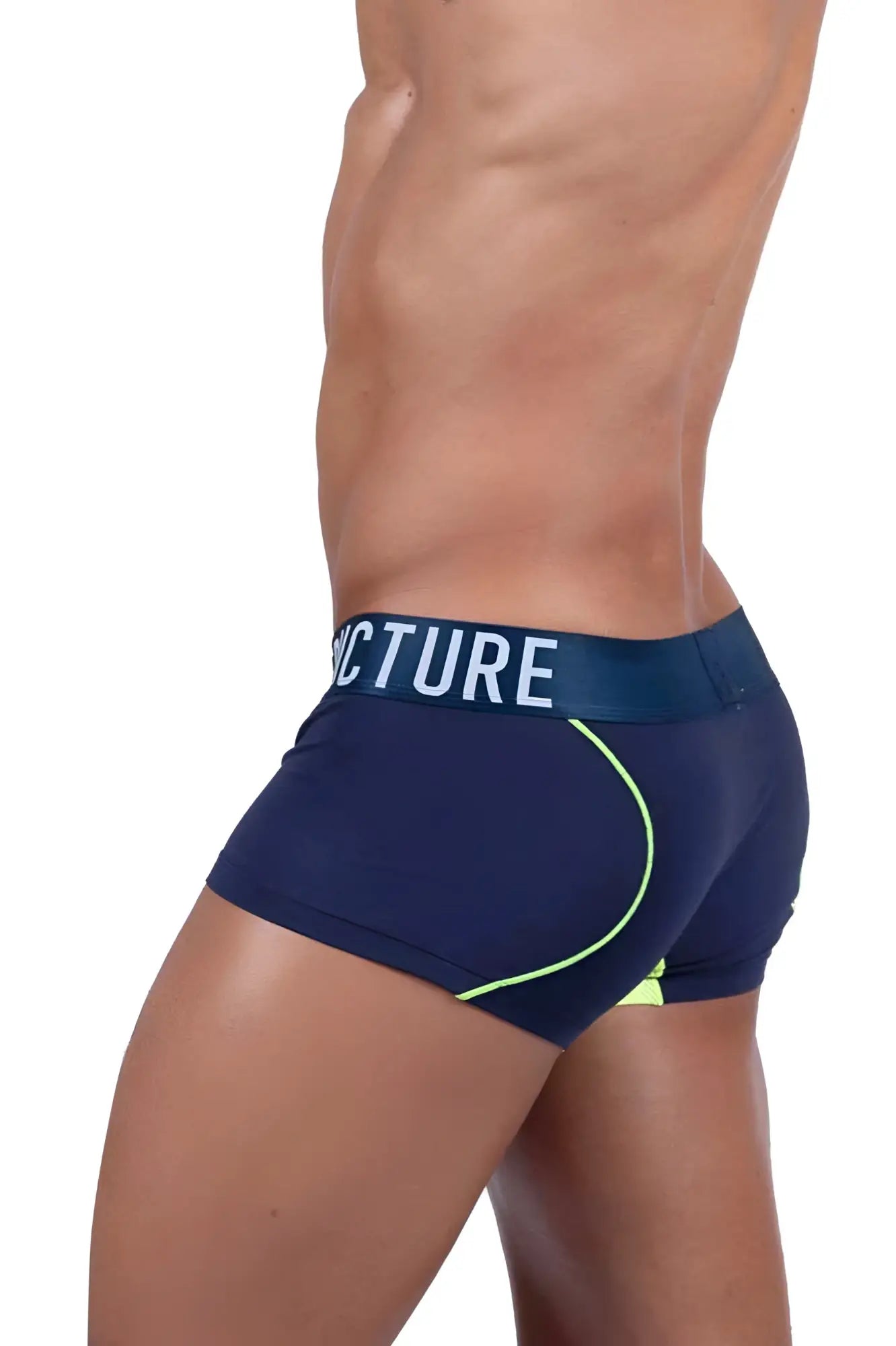 Navy blue Private Structure BAUT4389 athlete trunks with neon yellow trim and white structure logo on waistband
