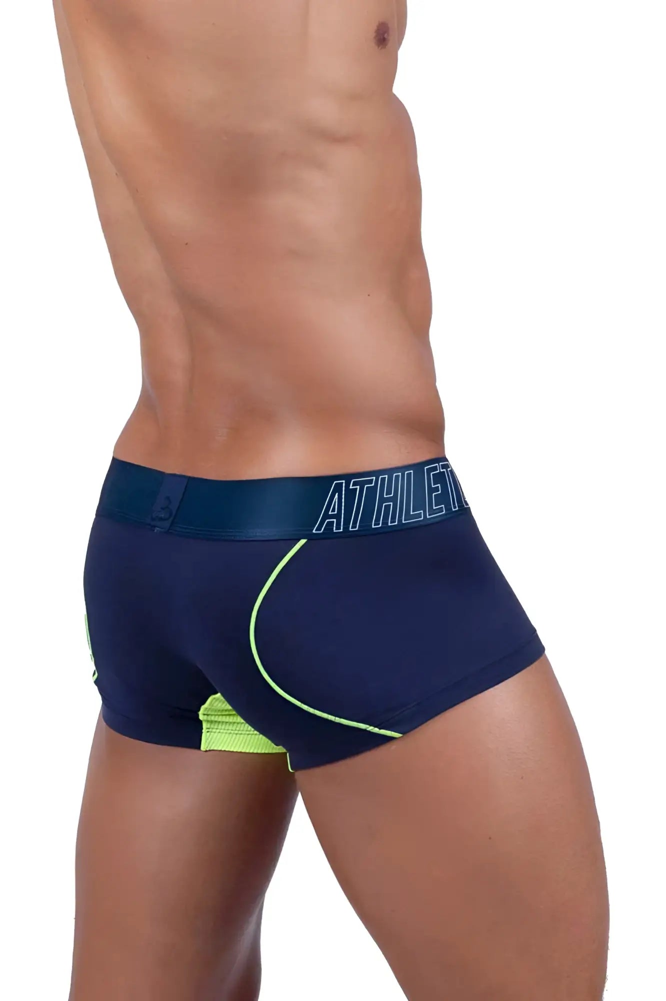 Navy blue private structure baut4389 athlete trunks with neon green trim and light blue athletic waistband