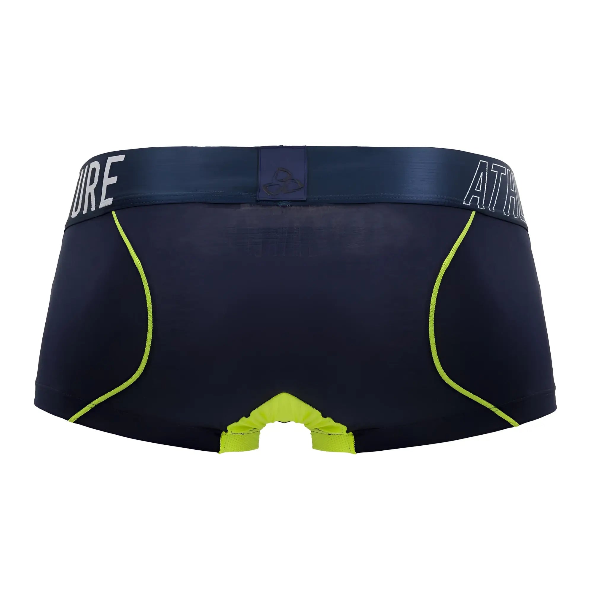 Navy blue Private Structure BAUT4389 athlete trunks with neon green trim and branded waistband for activewear use