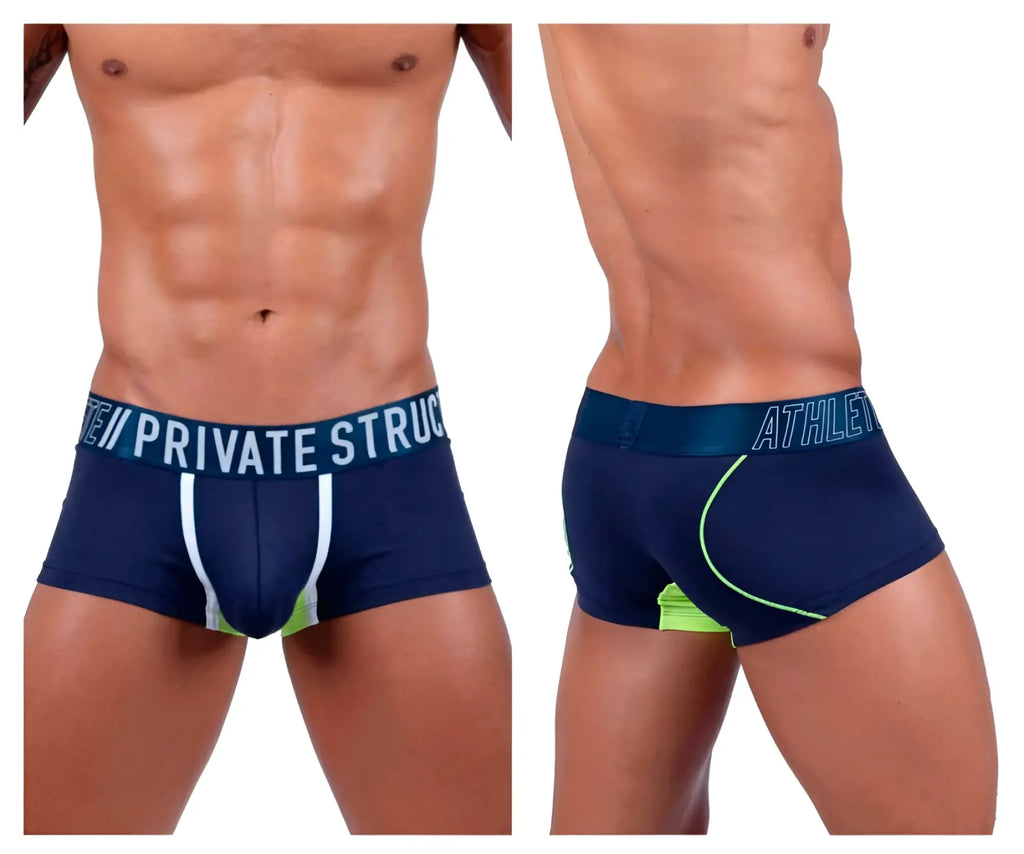 Navy blue private structure baut4389 athlete trunks with white and neon green accents designed for athletic use