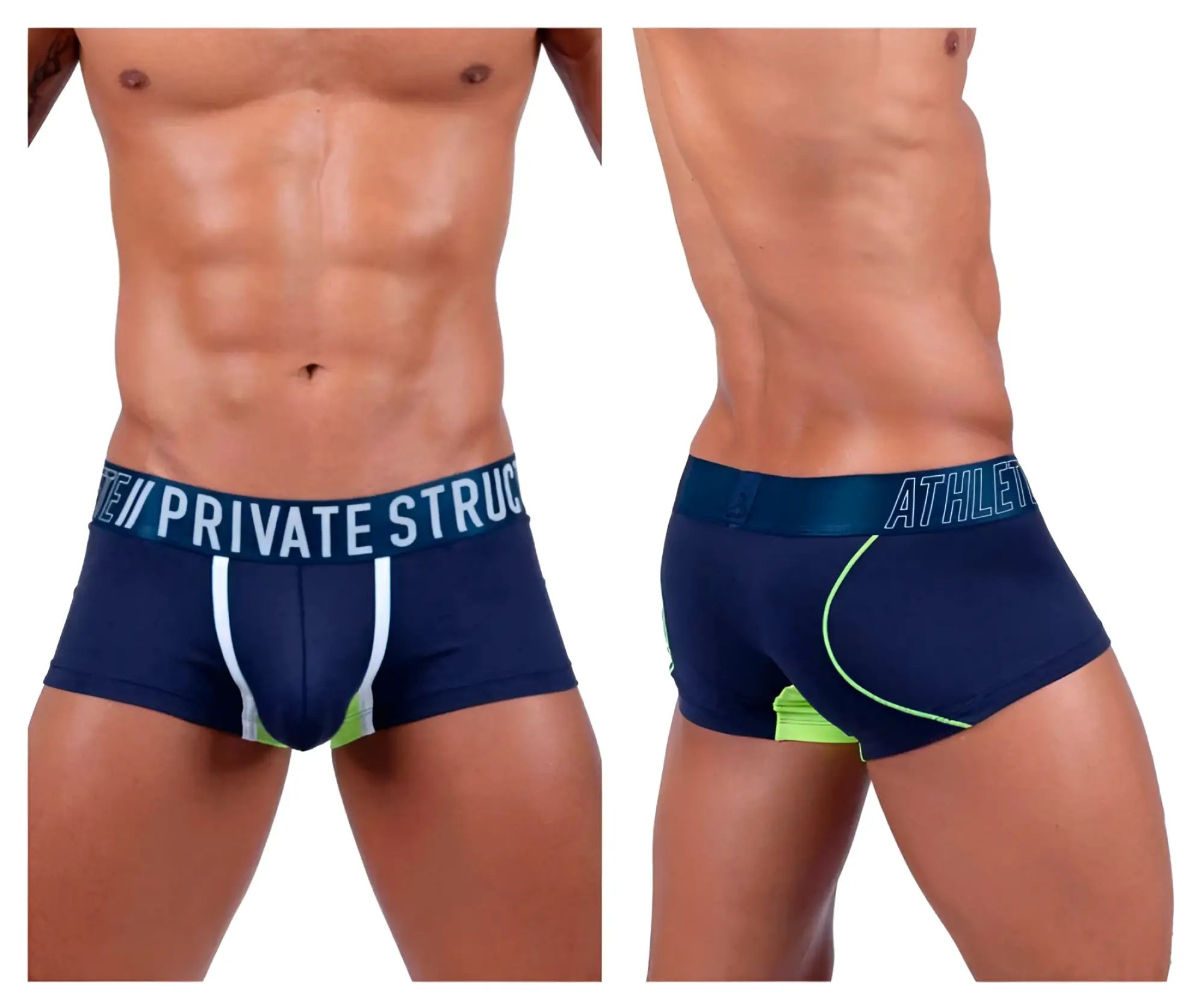 Navy blue private structure baut4389 athlete trunks with white and neon green accents designed for athletic use