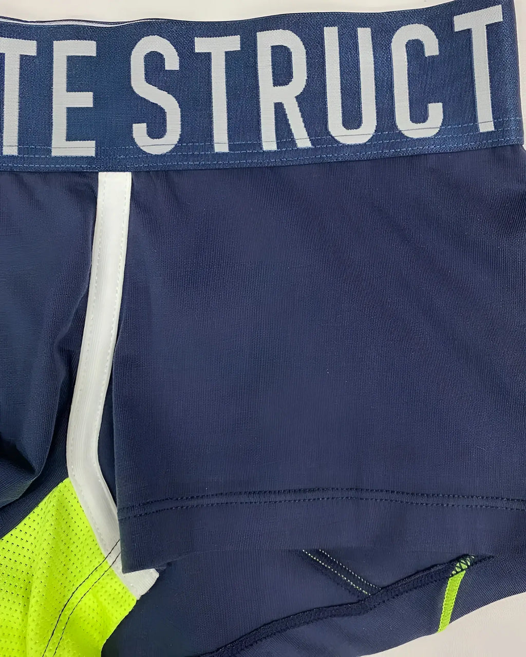 Navy blue Private Structure BAUT4389 athlete trunks with white and neon green accents and bold waistband logo
