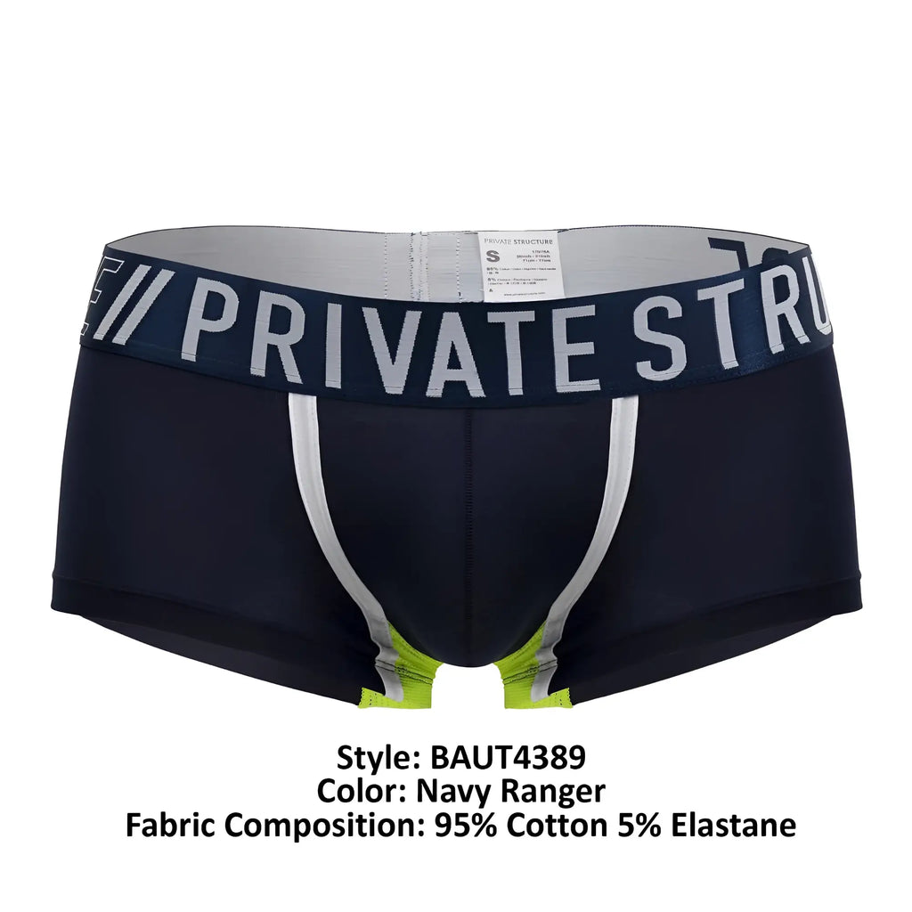 Navy blue private structure baut4389 athlete trunks with white and neon green trim and private structure waistband