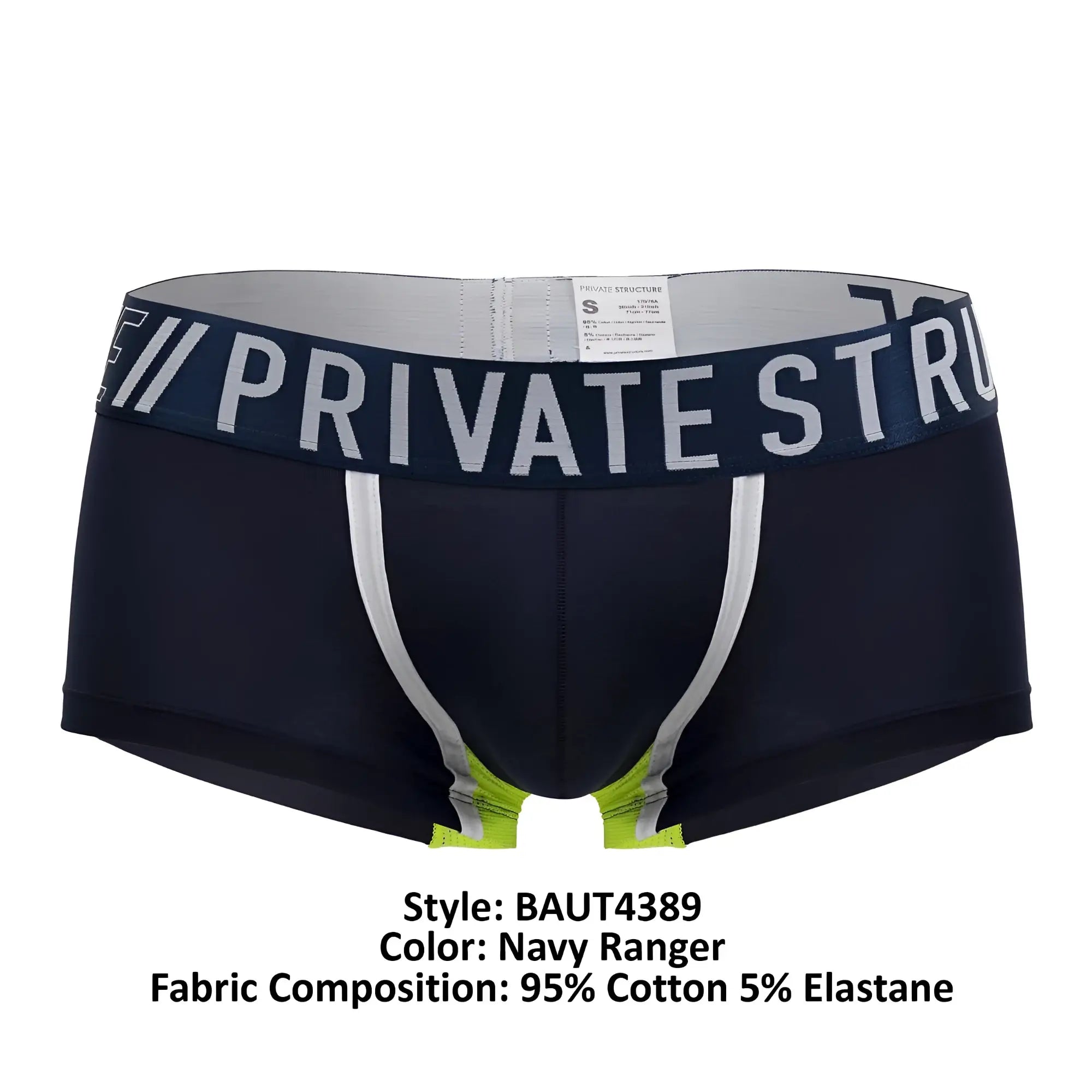 Navy blue private structure baut4389 athlete trunks with white and neon green trim and private structure waistband