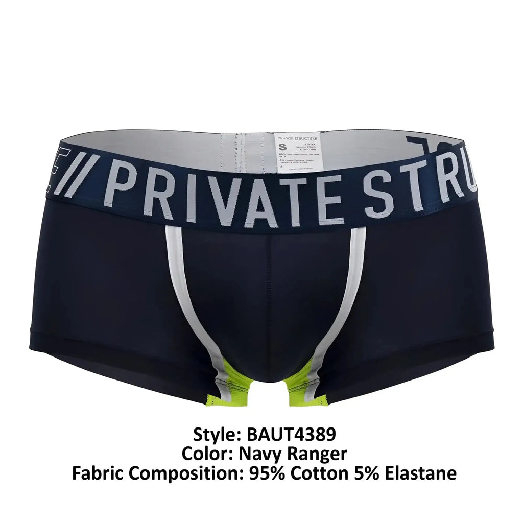 Navy blue private structure baut4389 athlete trunks with white and neon green trim and private structure waistband