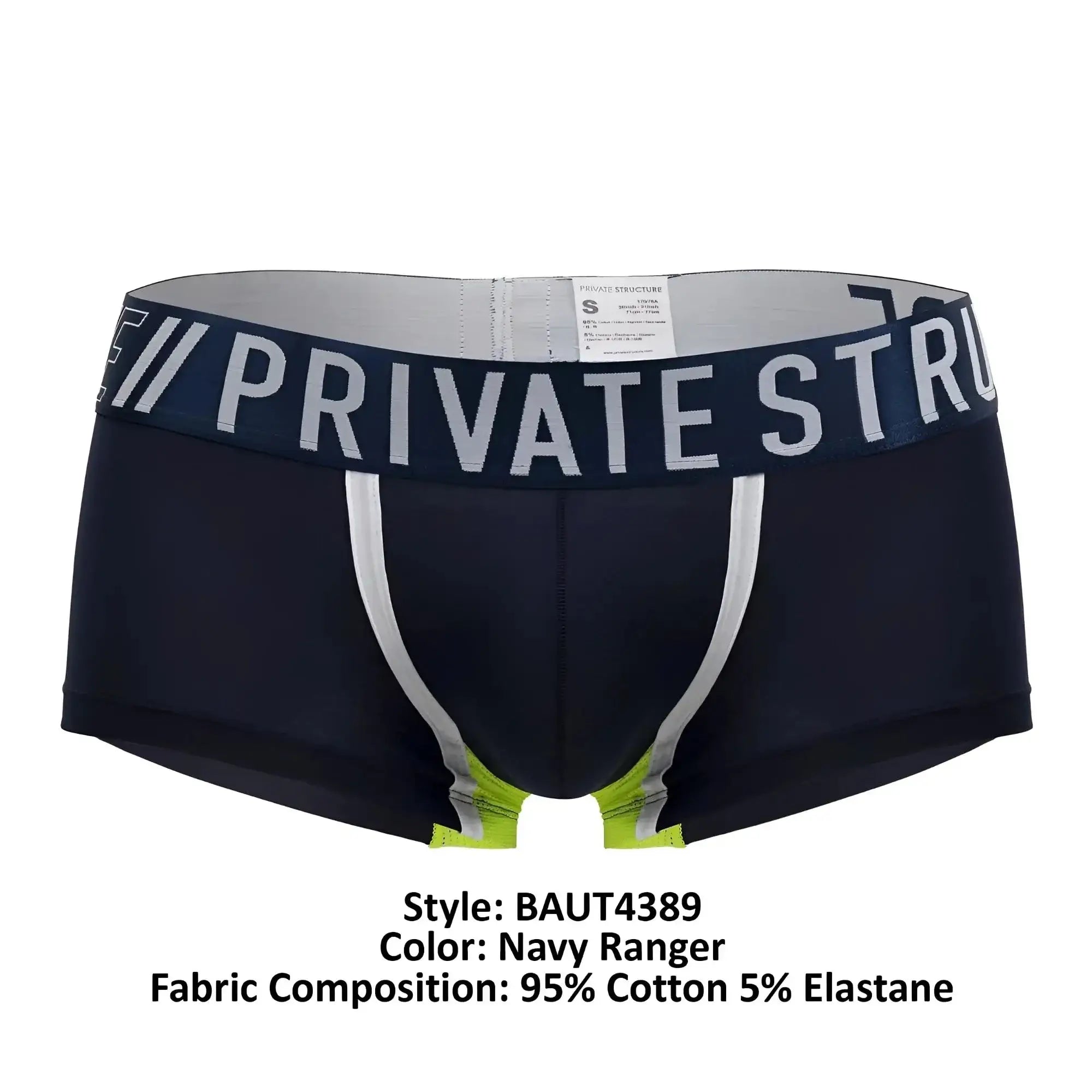 Navy blue private structure baut4389 athlete trunks with white and neon green trim and private structure waistband
