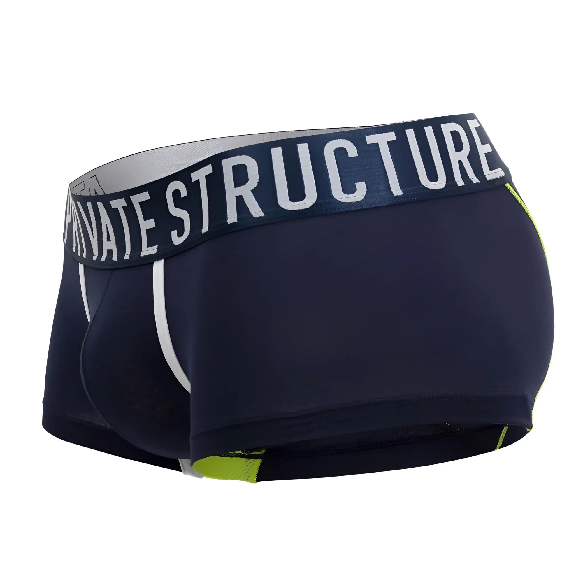 Navy blue private structure baut4389 athlete trunks boxer briefs with white neon green accents and branded waistband