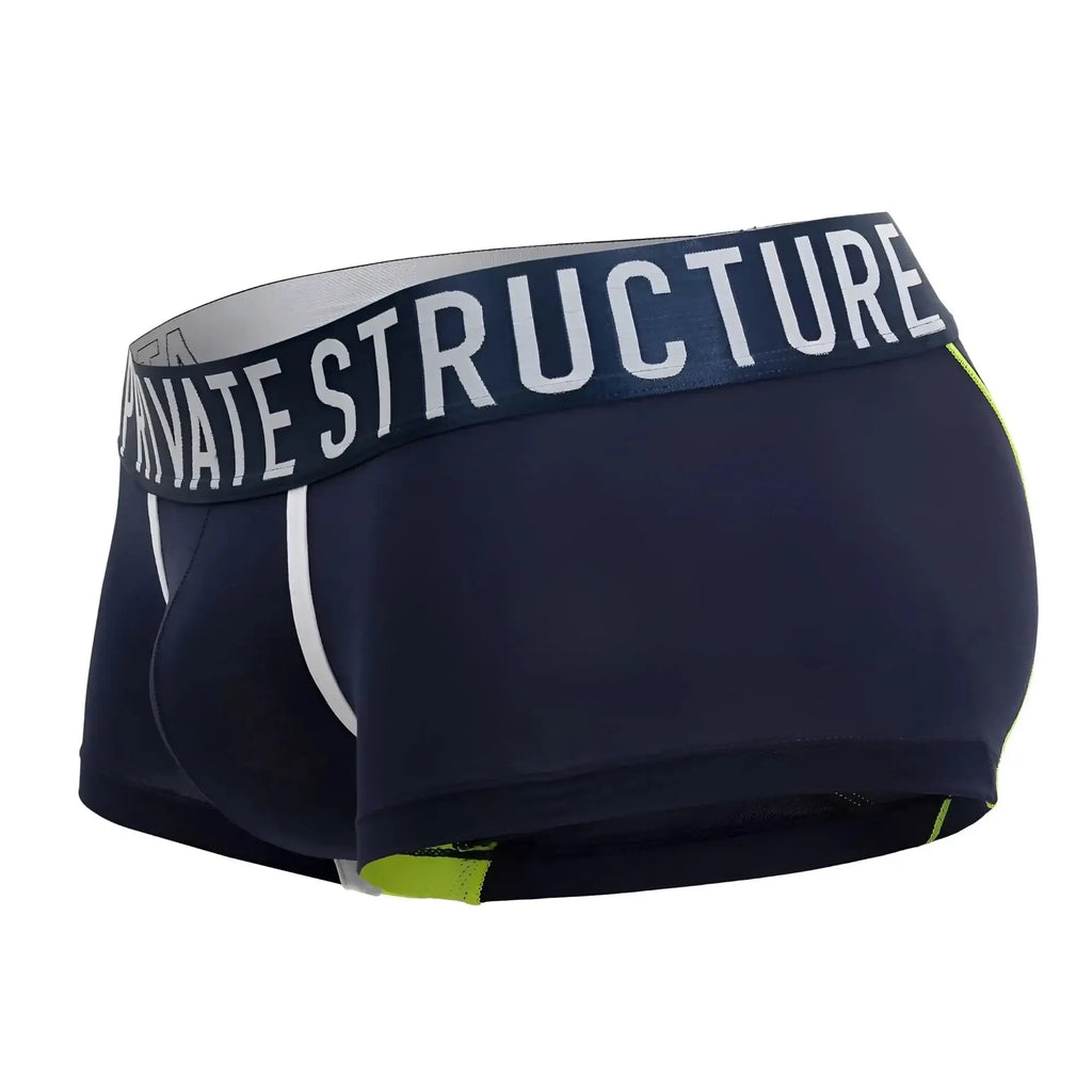 Navy blue private structure baut4389 athlete trunks boxer briefs with white neon green accents and branded waistband