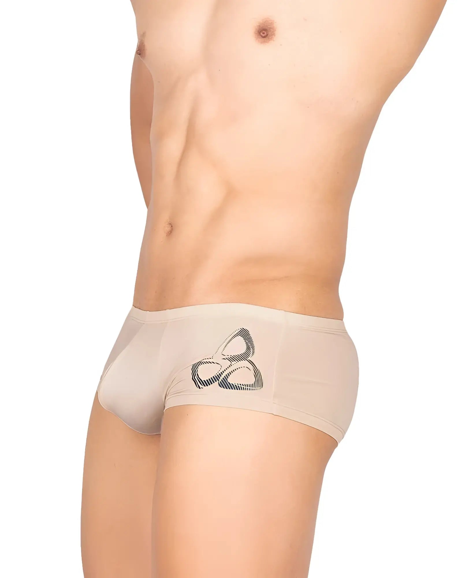 Beige men’s briefs by private structure bare hipster in nude featuring a black and gray geometric logo on the front