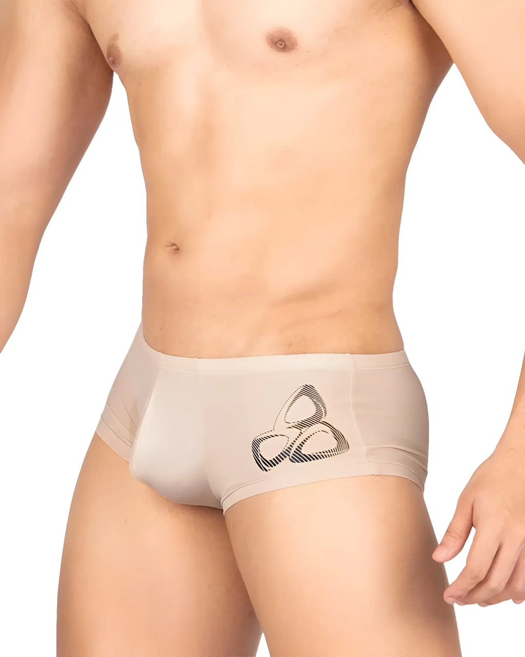 Beige sheer briefs with black geometric knot design on the front private structure brut4390 bare hipster nude