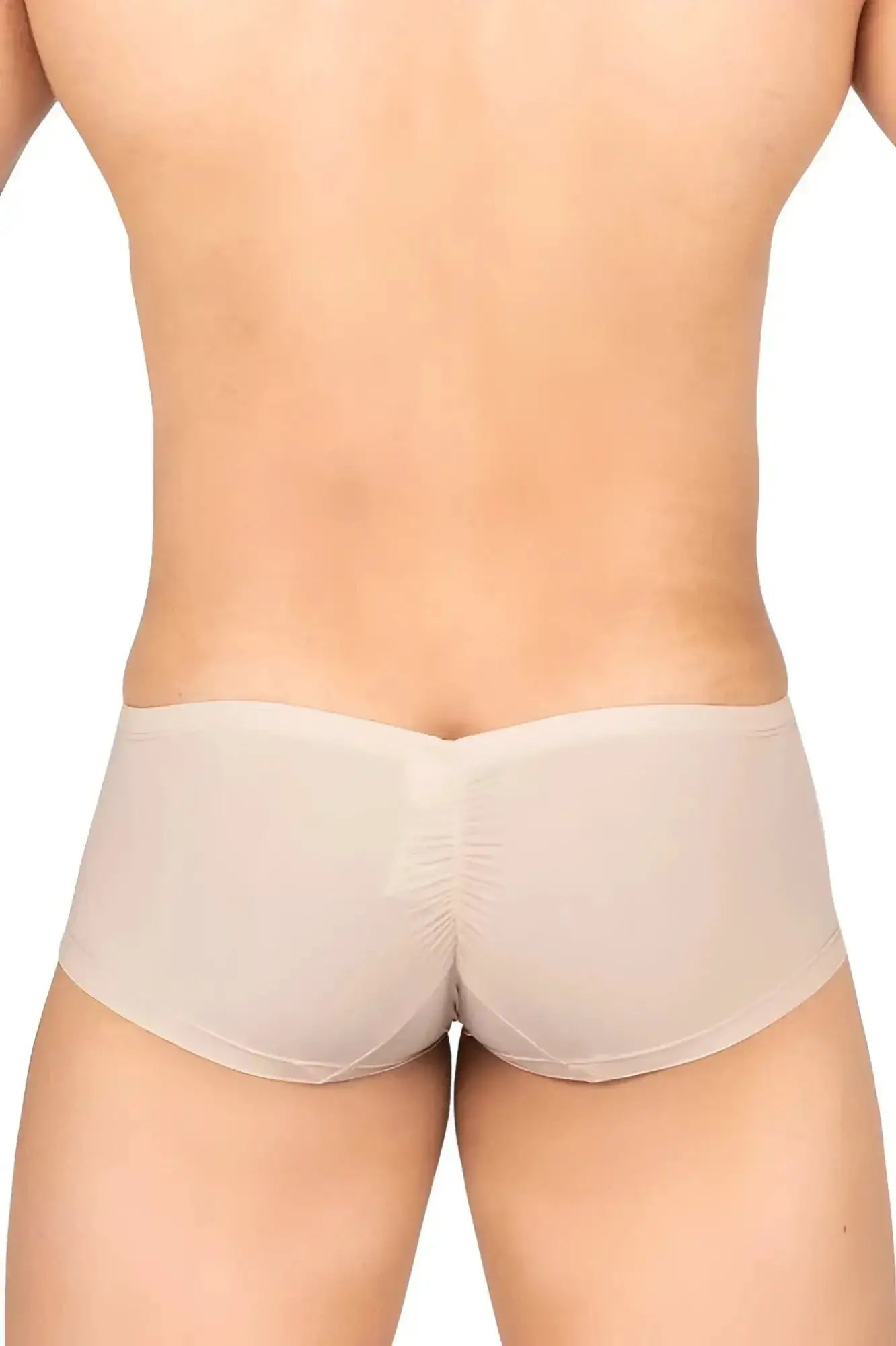 Beige stretchy briefs with ruched back design shown from the back private structure brut4390 bare hipster nude color