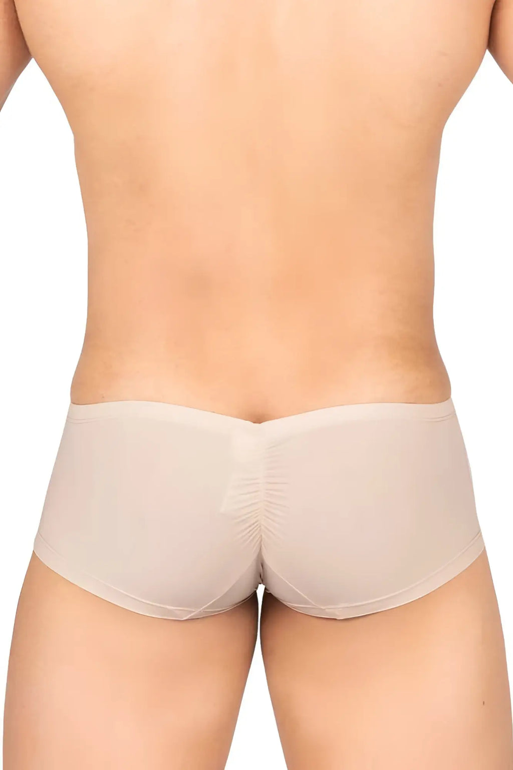 Beige stretchy briefs with ruched back design shown from the back private structure brut4390 bare hipster nude color